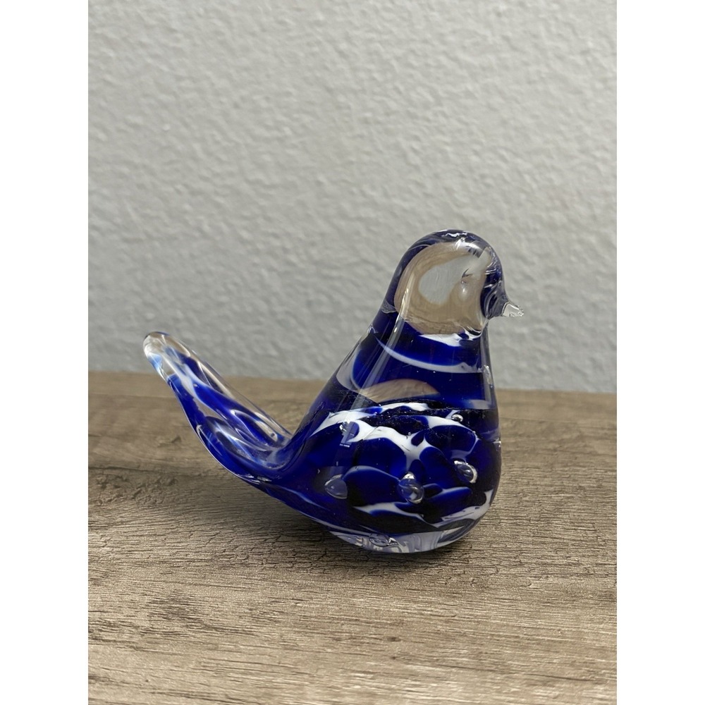 Vintage Maude & Bob St. Clair Art Glass Bird 1982 Paperweight Blue Swirl 3"